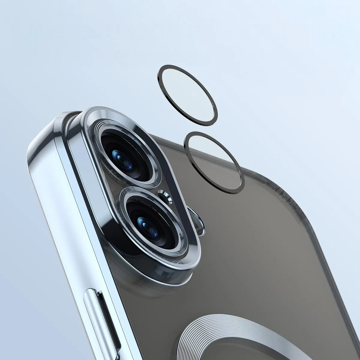 Etui z ochroną aparatu i pierścieniem magnetycznym Bizon Case GuardO do Apple iPhone 17, przezroczysto-niebieskie