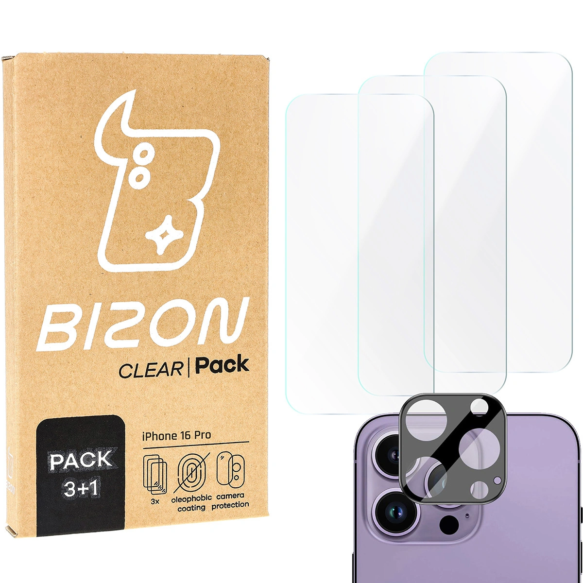 BIZON Clear 3x screen glass + camera glass Apple iPhone 16 Pro Max