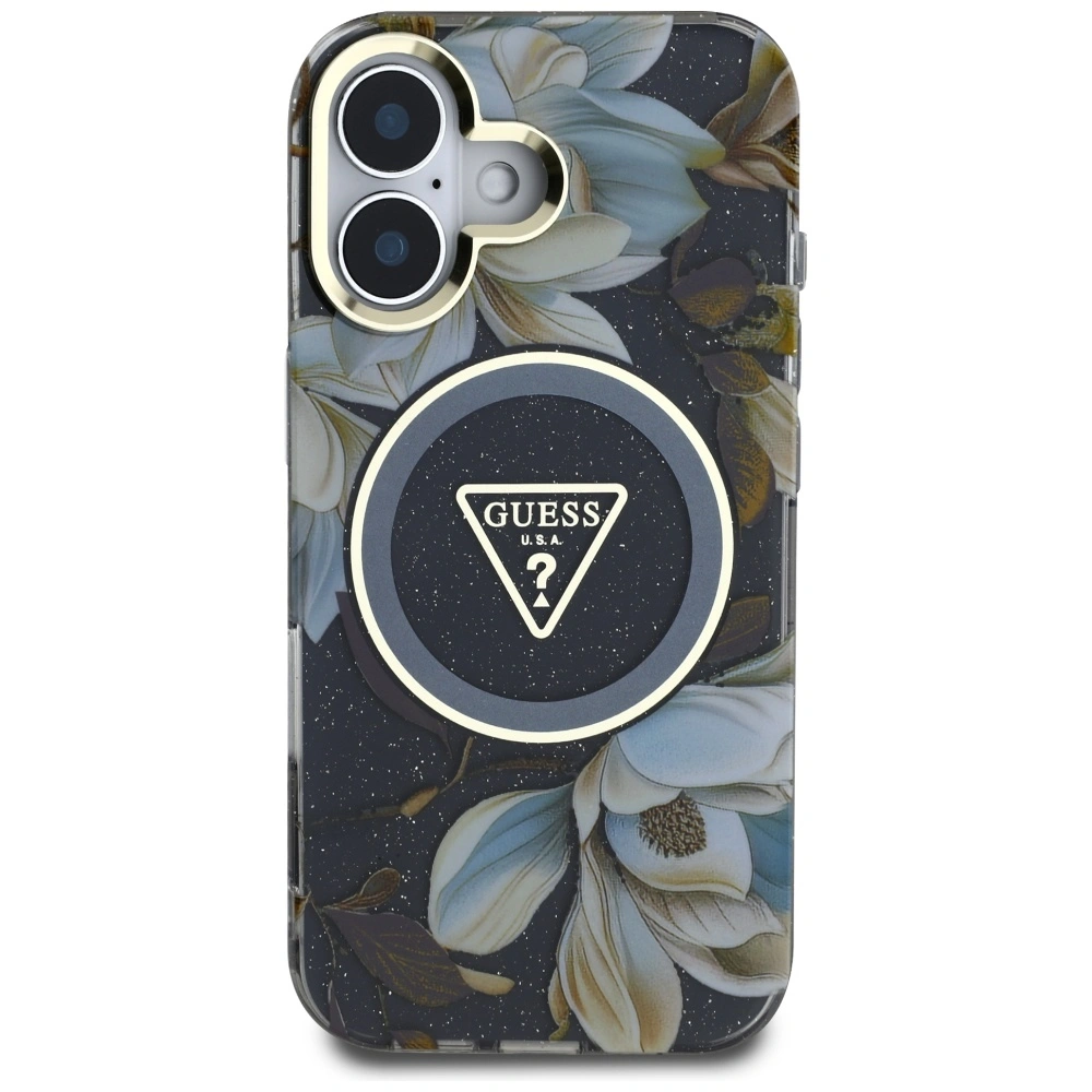 Guess Glitter Flowers Triangle Buttons MagSafe Apple iPhone 16 black