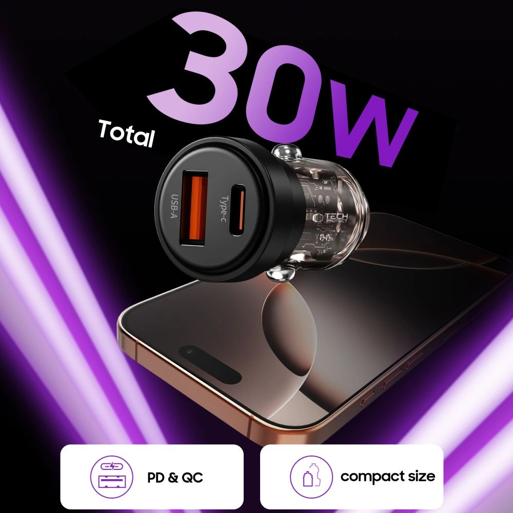 Tech-Protect CC03 2-port Car Charger USB-A, USB-C PD 30W / QC 3.0 Black