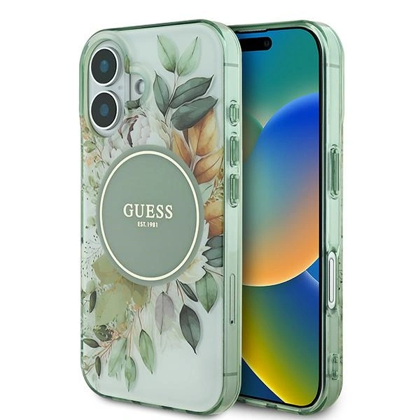 Guess GUHMP16MHFWBDCEN Apple iPhone 16 Plus hardcase IML Flower & Tonal Circle MagSafe green