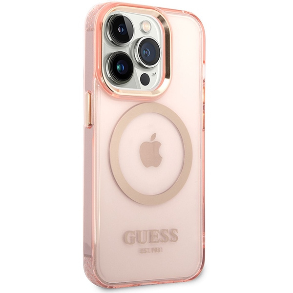 Guess GUHMP14XHTCMP Apple iPhone 14 Pro Max pink hard case Gold Outline Translucent MagSafe