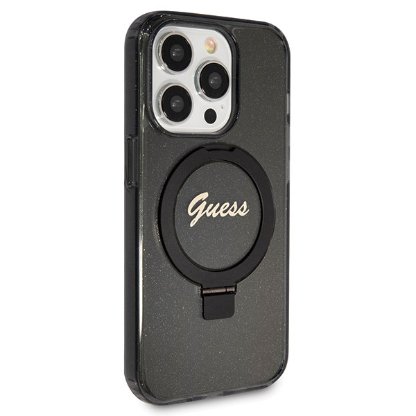 Guess GUHMP14XHRSGSK Apple iPhone 14 Pro Max hardcase Ring Stand Script Glitter MagSafe black