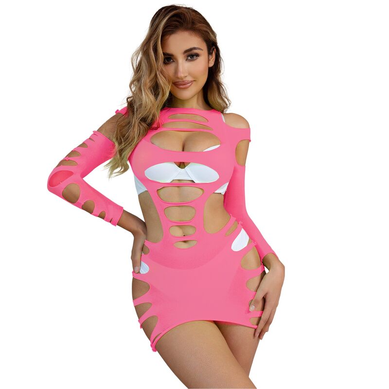 SUBBLIME - 952273 LONG SLEEVE ELASTIC FISHNET BODYSTOCKING PINK ONE SIZE