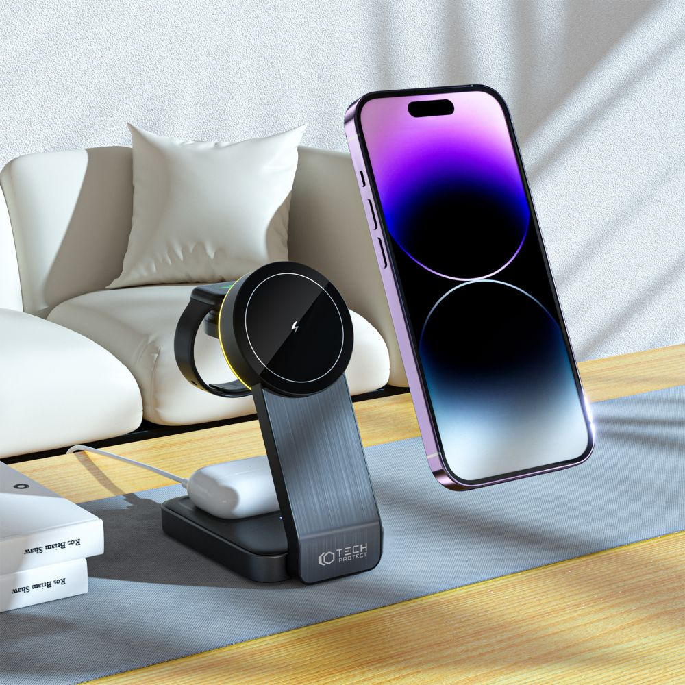 Tech-protect Qi15W-A28 3in1 Magnetic Wireless Charger MagSafe Black