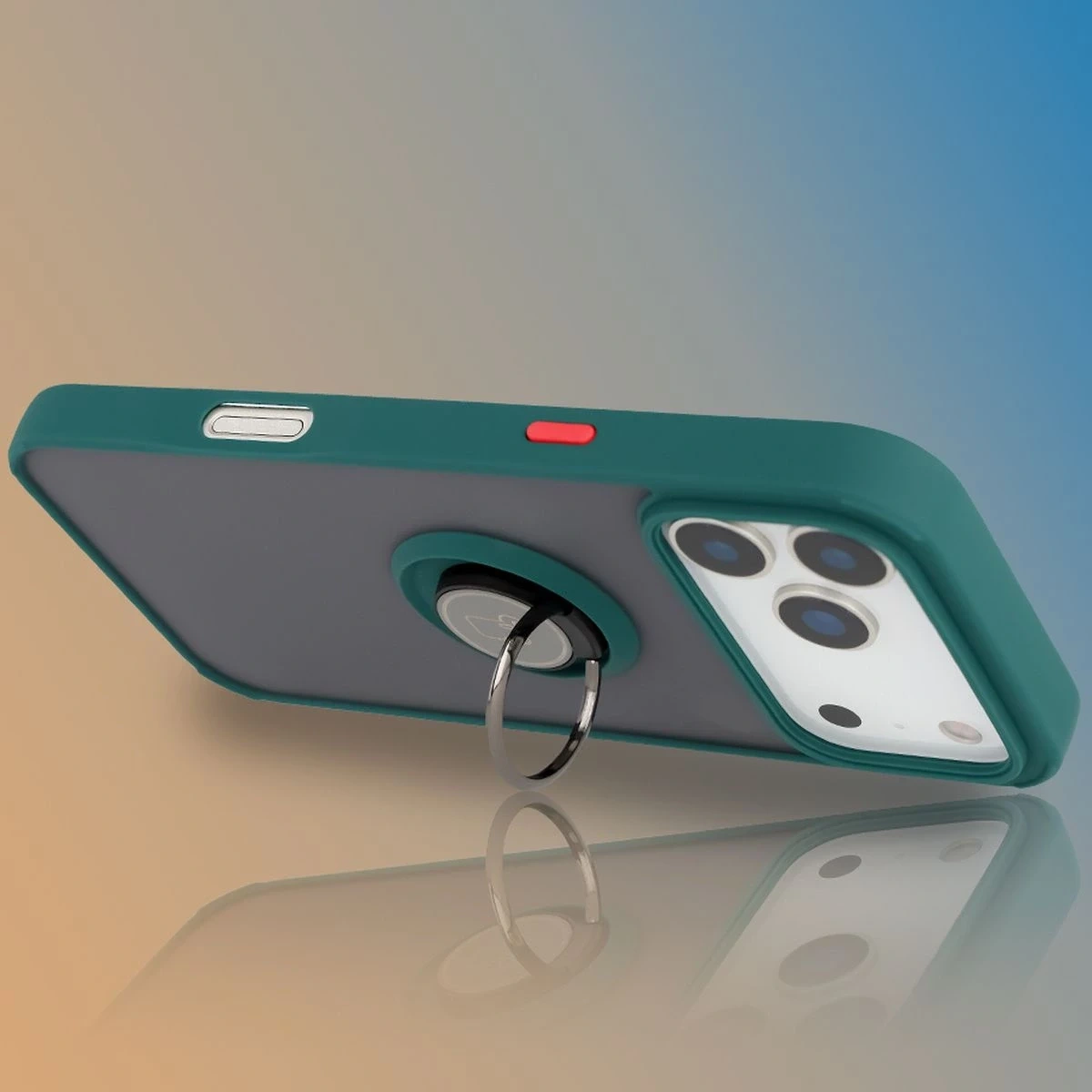 Etui z uchwytem na palec Bizon Case Hybrid Ring do Apple iPhone 17 Pro Max przydymione z ciemnozieloną ramką