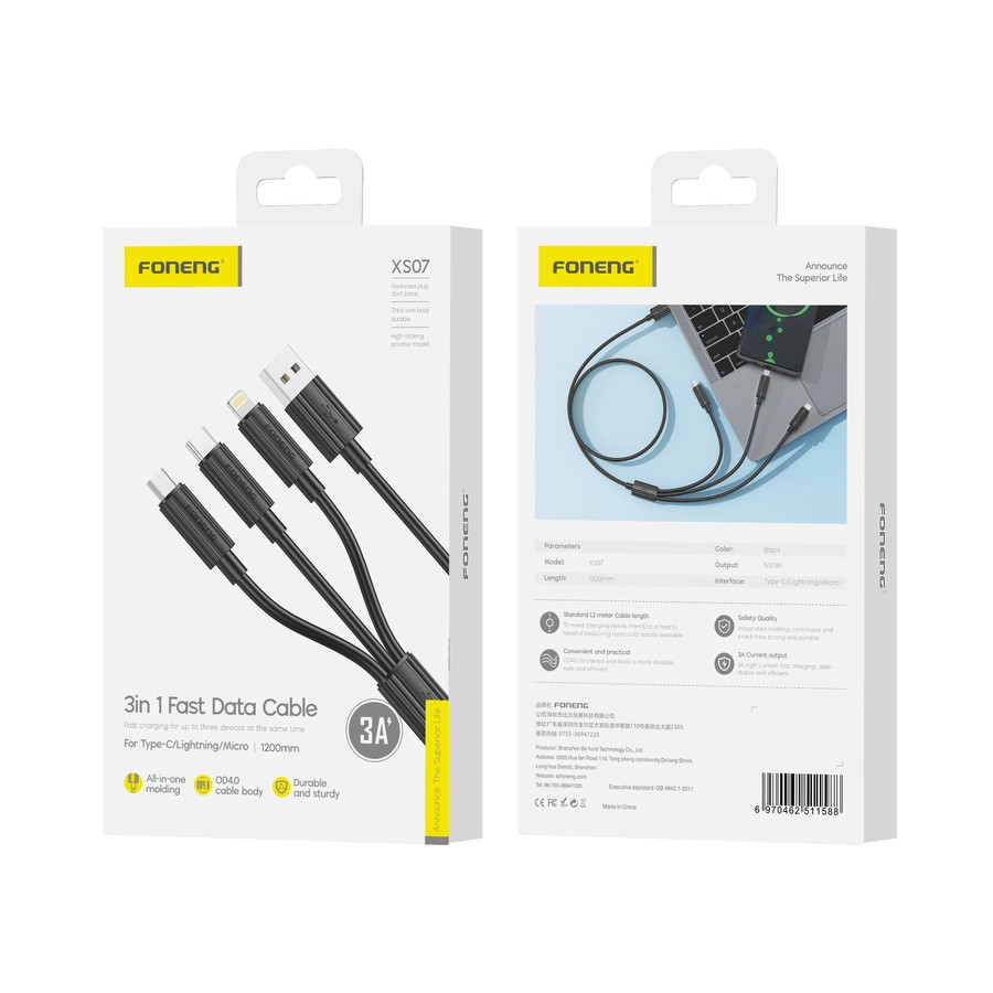 Kabel 3w1 FONENG XS07 3A 1.2m, czarny