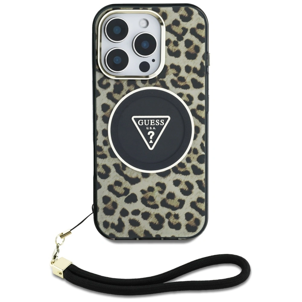 Guess HC IML Leopard Triangle Cord Strap Apple iPhone 16 Pro MagSafe brown