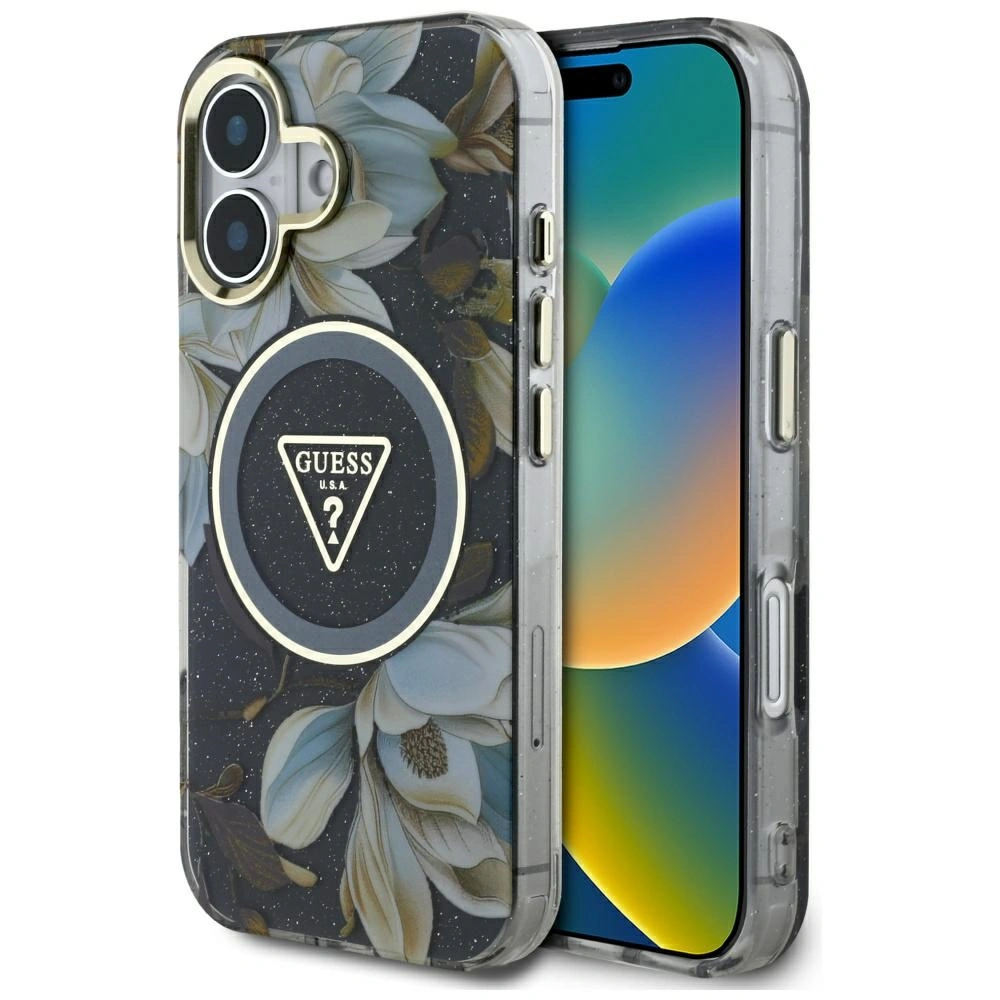 Guess Glitter Flowers Triangle Buttons MagSafe Apple iPhone 16 black