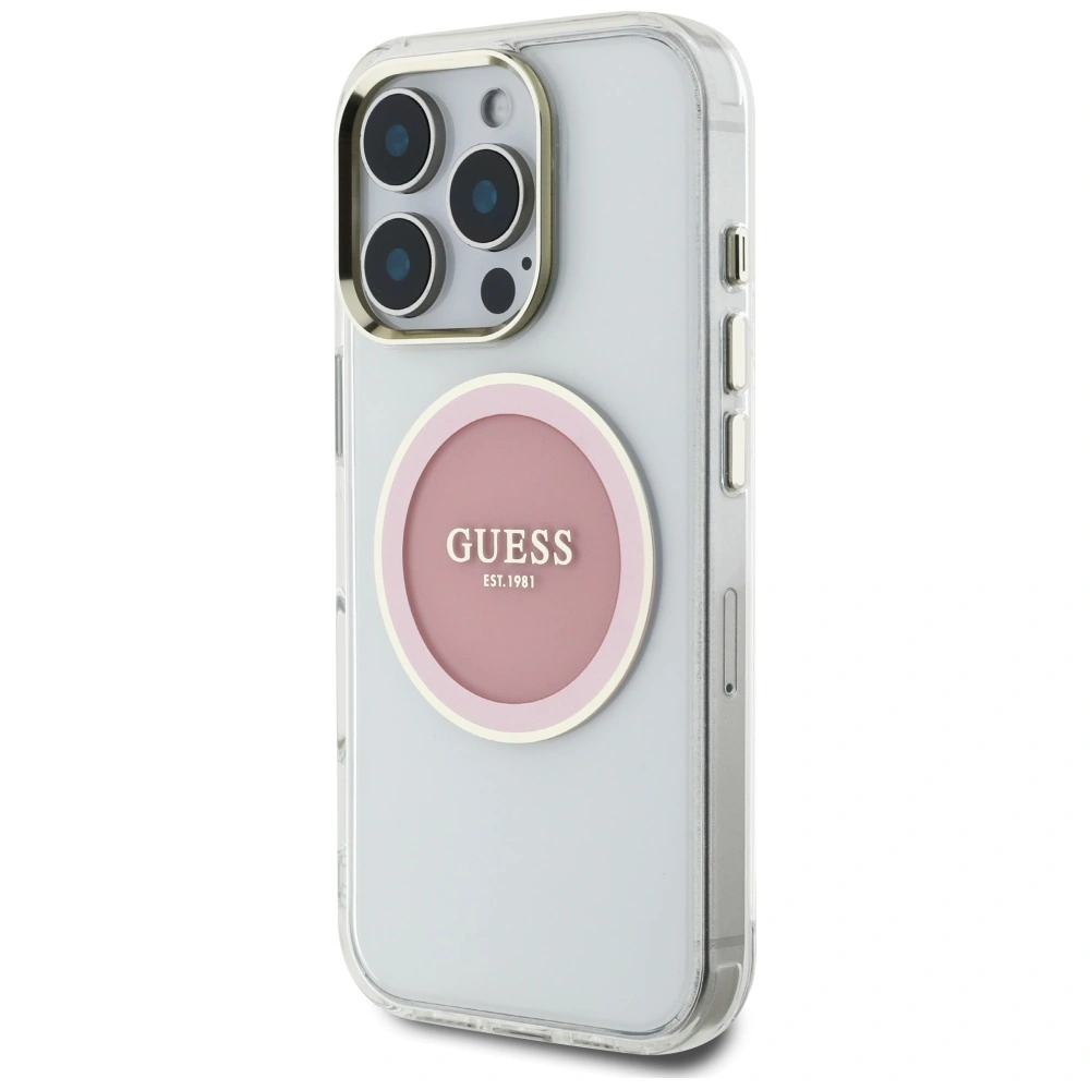Etui Guess IML Metal Colored Circle Classic Logo MagSafe do Apple iPhone 16 Pro różowy