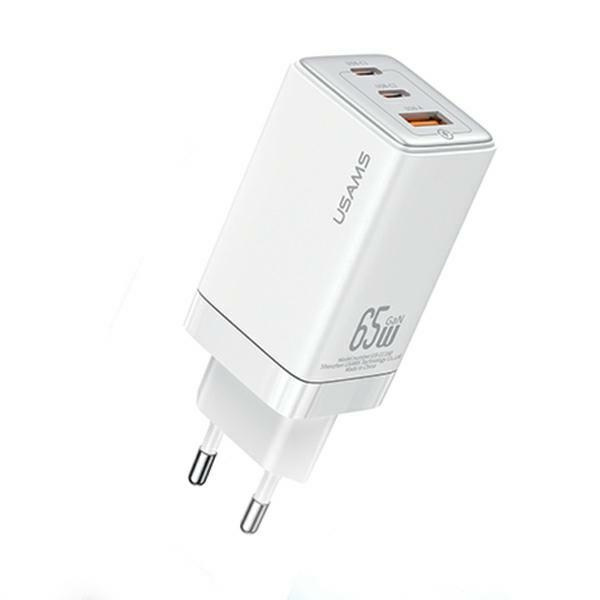 USAMS CC180TC02 wall charger 2xUSB-C+1xUSB-A 65W GaN PD+QC Fast Charging white Sandru Series