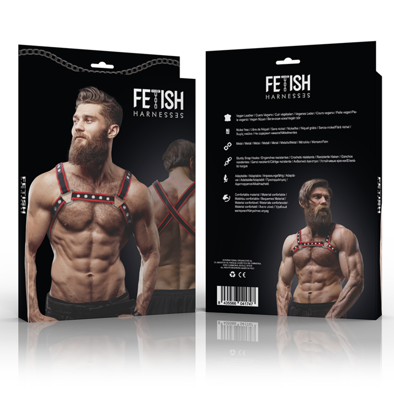 FETISH SUBMISSIVE ATTITUDE - MEN&#39;S ECO-LEATHER CHEST BULLDOG HARNESS BLACK/RED