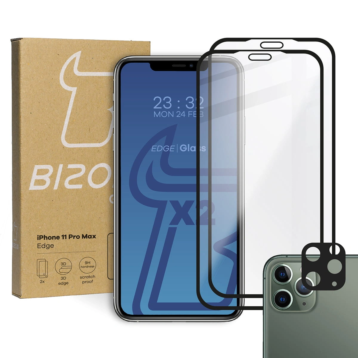 Bizon Glass Edge CF tempered glass - [2 PACK] + lens protection Apple iPhone 11 Pro Max black