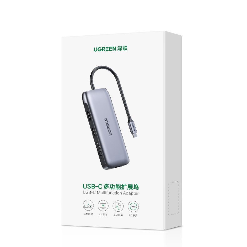 UGREEN CM274 Hub 9in1 USB-C - HDMI/DP/VGA/2xUSB/RJ45/Ethernet/SD, TF card reader/USB-C PD 100W gray