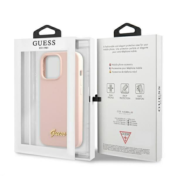 Guess GUHMP13XLSLMGLP Apple iPhone 13 Pro Max light pink hardcase Silicone Script Gold Logo Magsafe