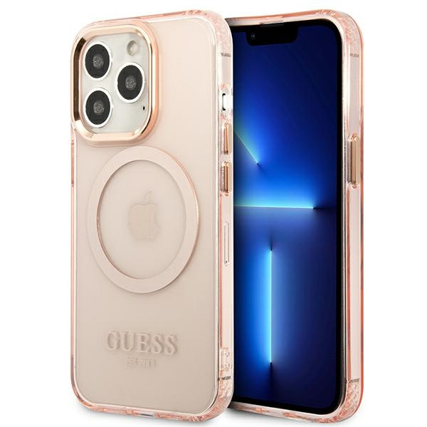 Guess GUHMP13XHTCMP Apple iPhone 13 Pro Max pink hard case Gold Outline Translucent MagSafe
