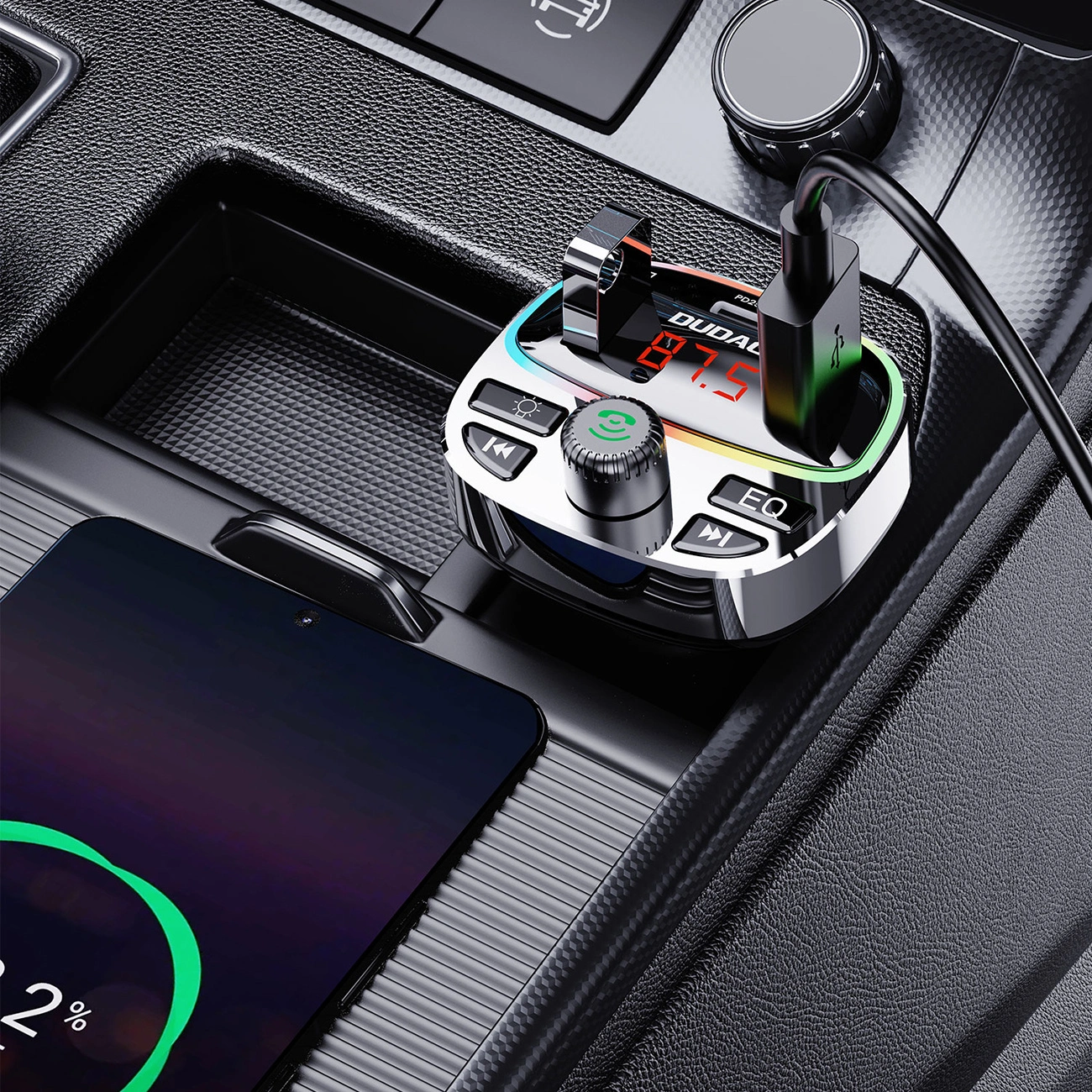 Transmiter Dudao R2 PRO+ 2xUSB-A, USB-C PD 25W Bluetooth 5.3 RGB czarno-srebrny