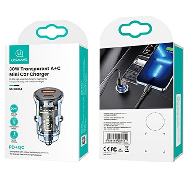 USAMS C32 Car Charger 1xUSB+1xUSB-C 30W Fast Charge blue (US-CC164)