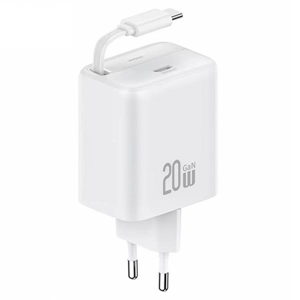 USAMS USB-C Wall Charger + retractable USB-C PD+QC 20W Gan Fast Charging white YC Series