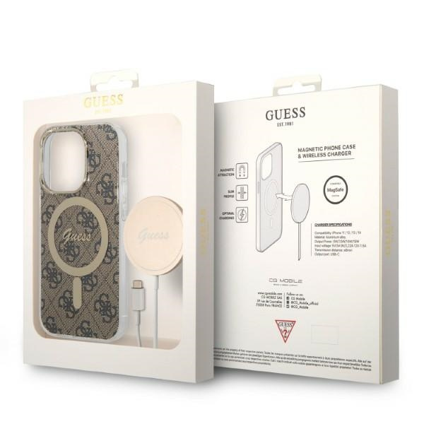 Guess GUBPP14LH4EACSW Case + Wireless Charger Apple iPhone 14 Pro brown hard case 4G Print MagSafe