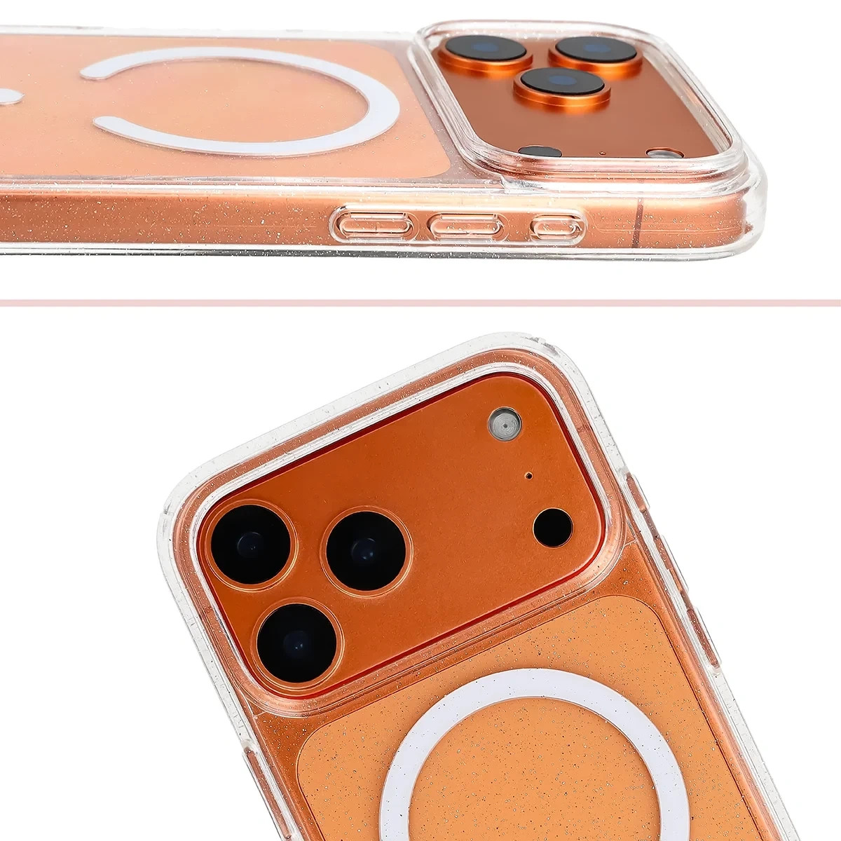 Etui brokatowe z pierścieniem magnetycznym Bizon Case SparklO do Apple iPhone 17 Pro Max, przezroczyste z brokatem