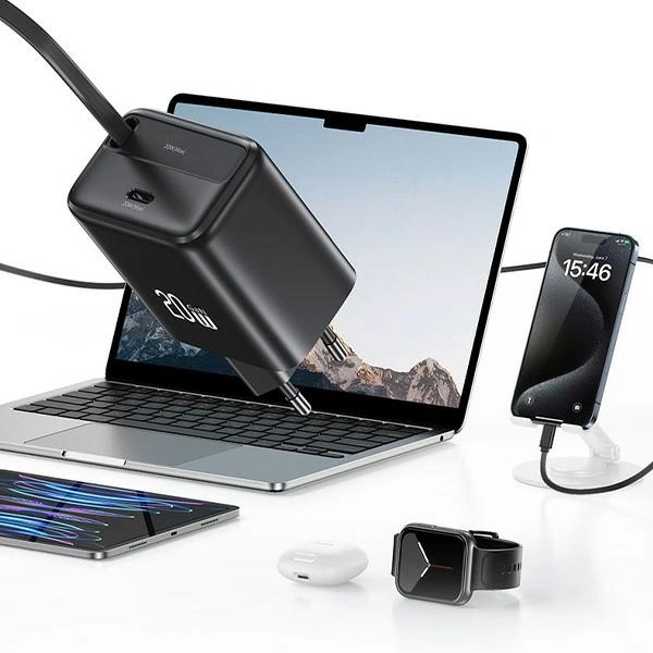 USAMS USB-C Wall Charger + retractable USB-C PD+QC 20W Gan Fast Charging white YC Series