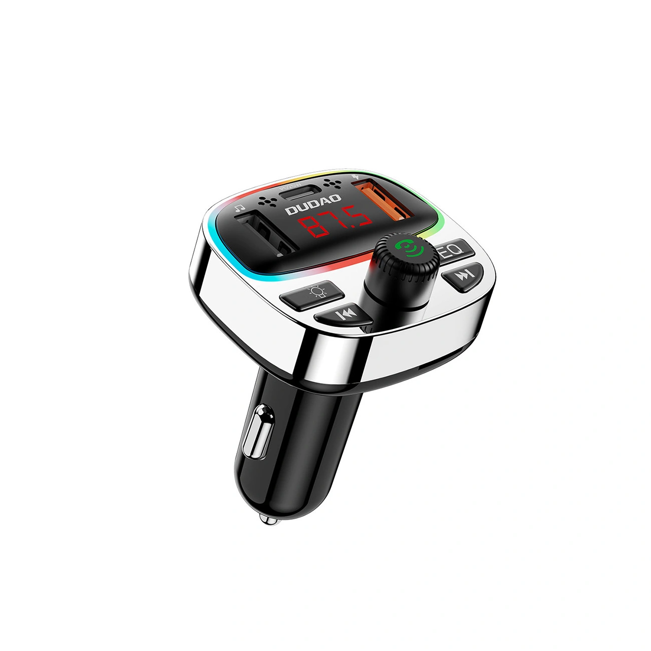 Transmiter Dudao R2 PRO+ 2xUSB-A, USB-C PD 25W Bluetooth 5.3 RGB czarno-srebrny