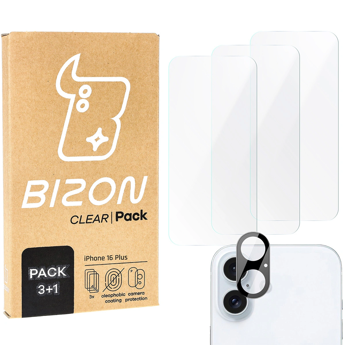 BIZON Clear 3x screen glass + camera glass Apple iPhone 16 Plus