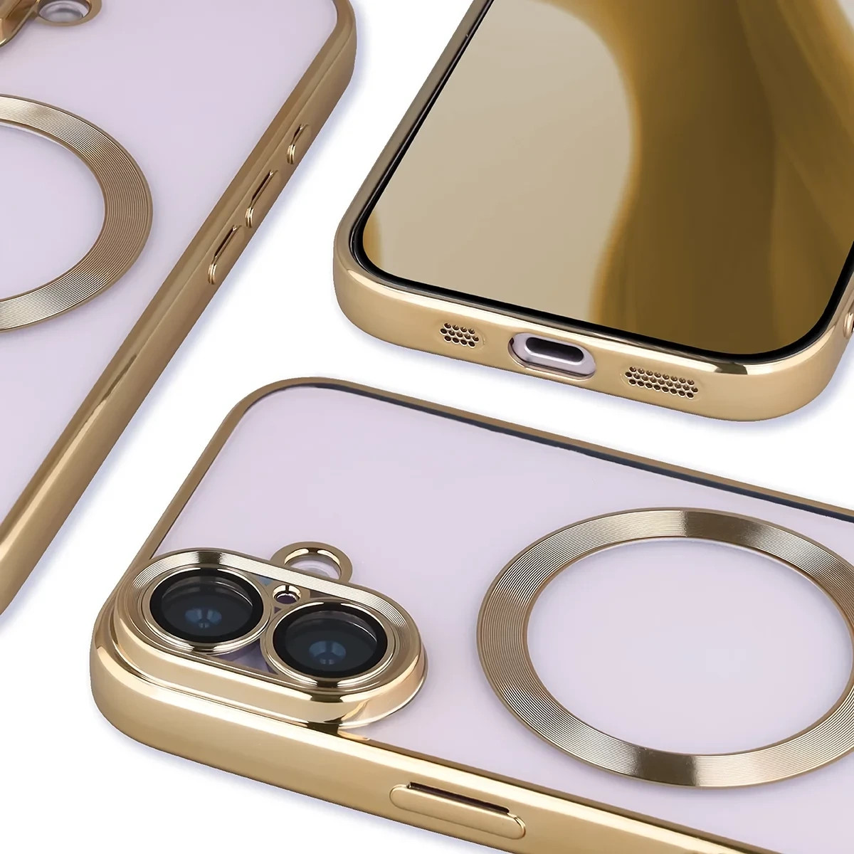 Etui z ochroną aparatu i pierścieniem magnetycznym Bizon Case GuardO do Apple iPhone 17, przezroczysto-złote