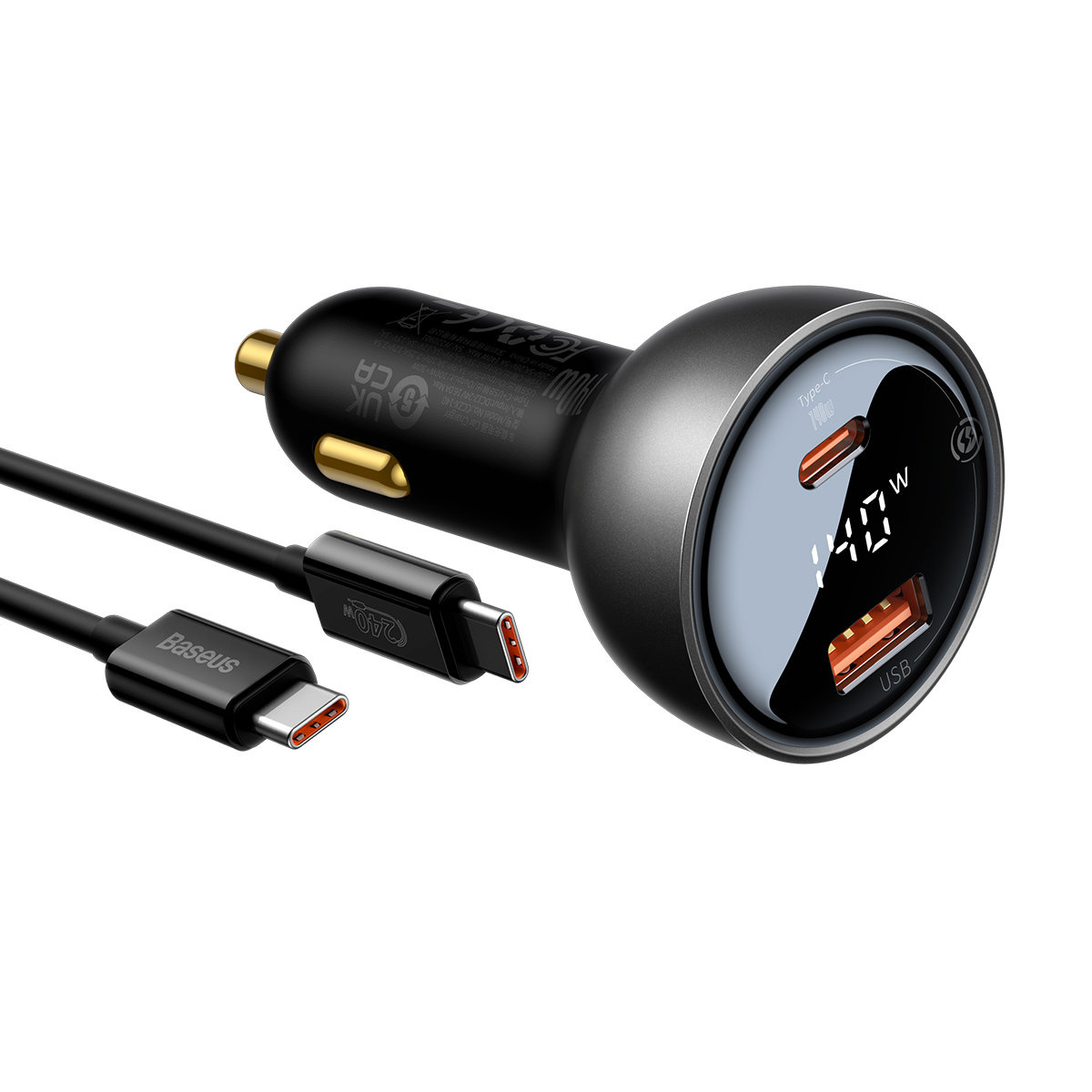 Baseus Digital Display Car Charger USB-A/USB-C PD 3.1 140W + USB-C 5A 240W cable 1m black