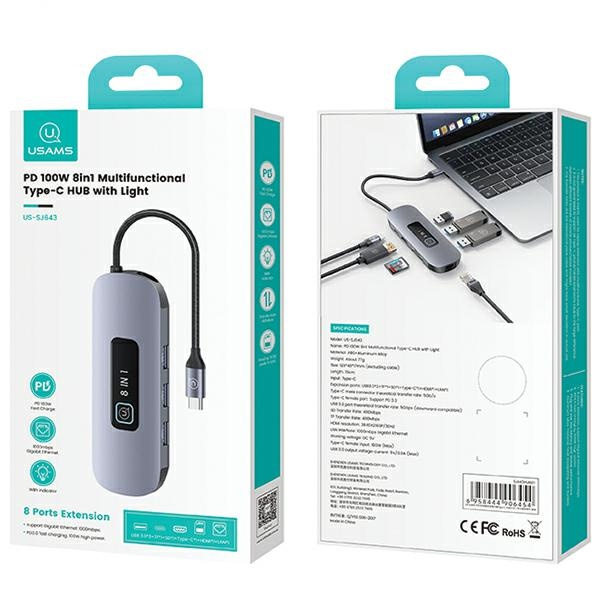 USAMS US-SJ643 HUB 8w1 USB-C / 3xUSB-A 3.0,TF,SD,USB-C,HDMI,RJ45 PD100W tarnish