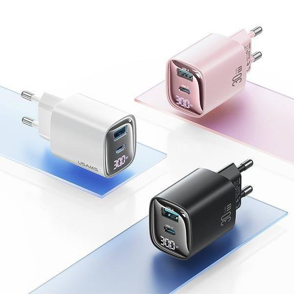 USAMS CC229 wall charger USB-A, USB-C 30W GaN Fast Charging XC Series white