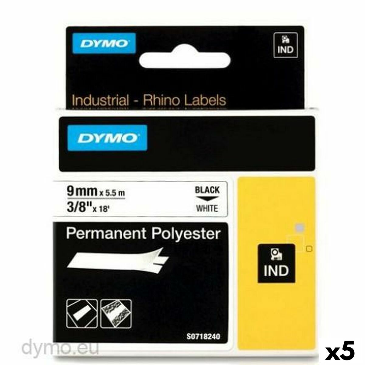 Laminiertes Klebeband zur Kennzeichnung von Maschinen Rhino Dymo ID1-9 9 x 5,5 mm Schwarz Polyester Weiß (5 Stück)