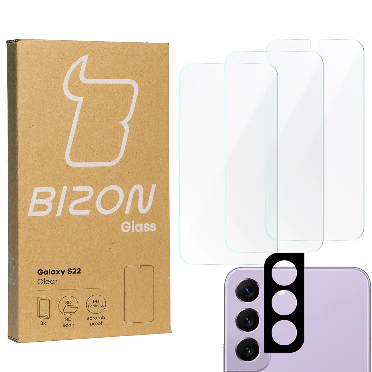 Bizon Glass Clear tempered glass - 3 pcs. + lens glass Samsung Galaxy S22