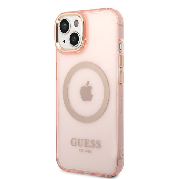 Guess GUHMP14SHTCMP Apple iPhone 14 pink hard case Gold Outline Translucent MagSafe