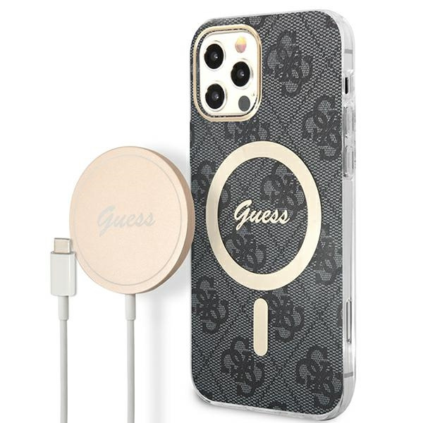 Guess GUBPP12MH4EACSK Case + Wireless Charger Apple iPhone 12/12 Pro black hard case 4G Print MagSafe