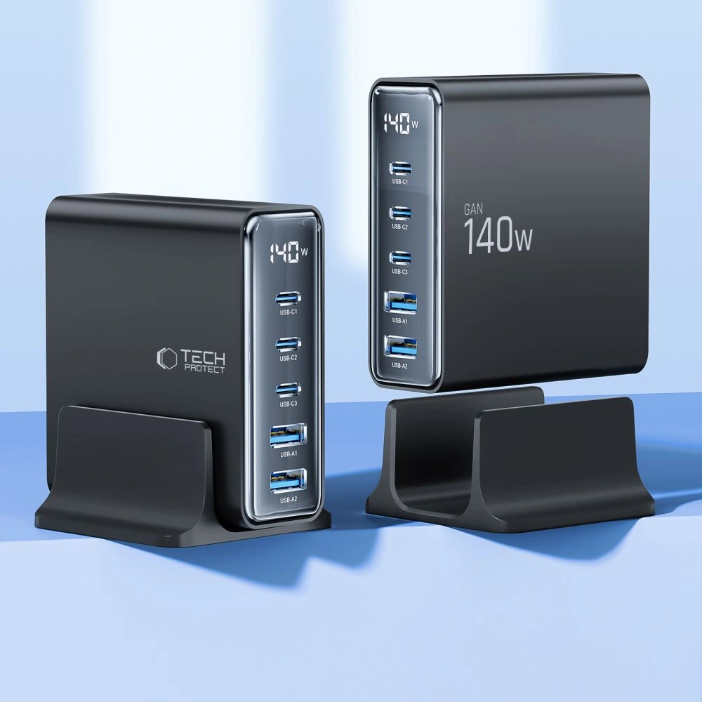 Tech-Protect DC140W-GAN 5-port 2xUSB-A, 3xUSB-C Desktop Charger PD140W / QC3.0 Black