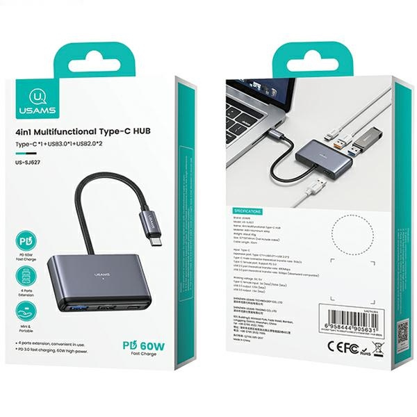 USAMS US-SJ627 HUB 4w1 USB-C / 2xUSB-A 2.0,USB-A 3.0,USB-C dark grey