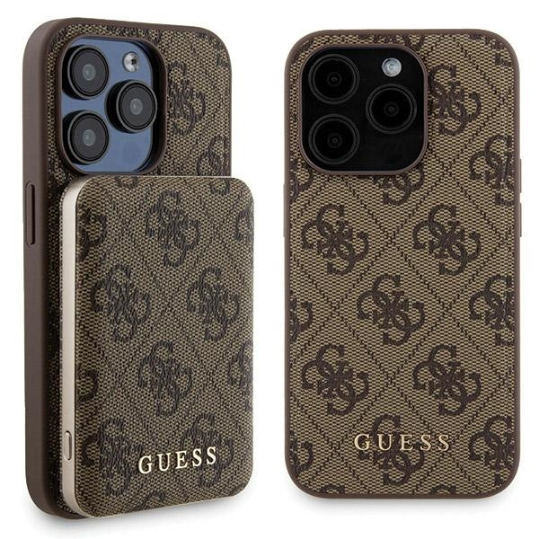 Guess GUBPM5P15L4GEMGW Apple iPhone 15 Pro hardcase + Powerbank 5000mAh MagSafe 4G Metal Logo brown