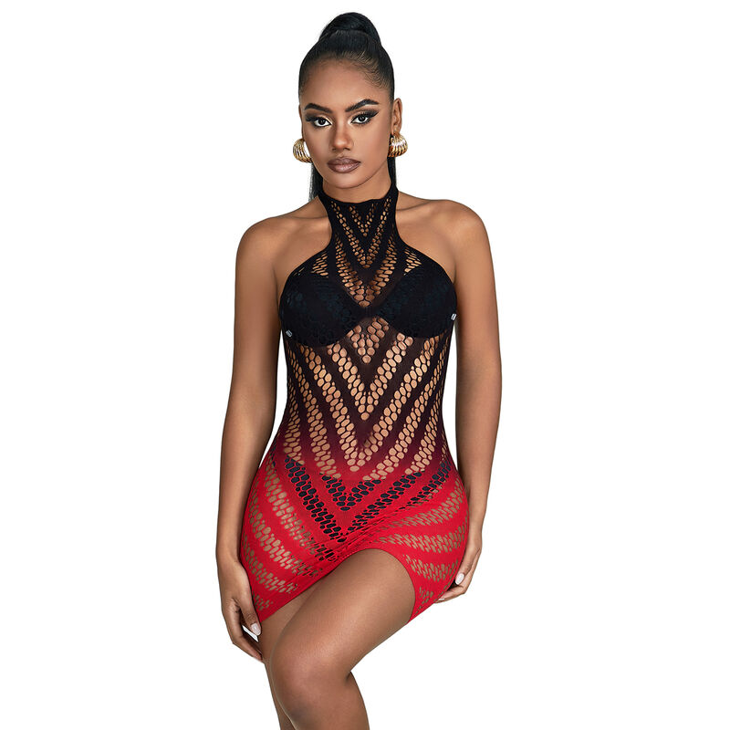 SUBBLIME - 952242 RED AND BLACK DEGRADED ELASTIC FISHNET BODYSTOCKING ONE SIZE