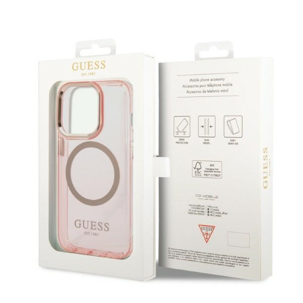 Guess GUHMP14LHTCMP Apple iPhone 14 Pro pink hard case Gold Outline Translucent MagSafe