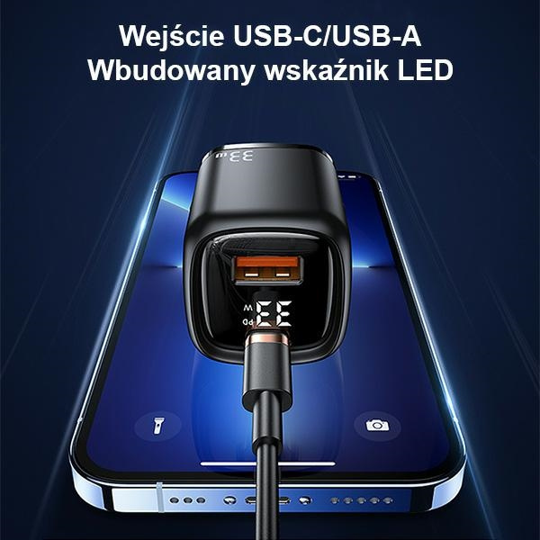 USAMS Wall Charger 1xUSB-C+1xUSB T46 33W PD3.0 +QC3.0 Fast Charging + cable U63 USB-C/Lightning black UDTZ01