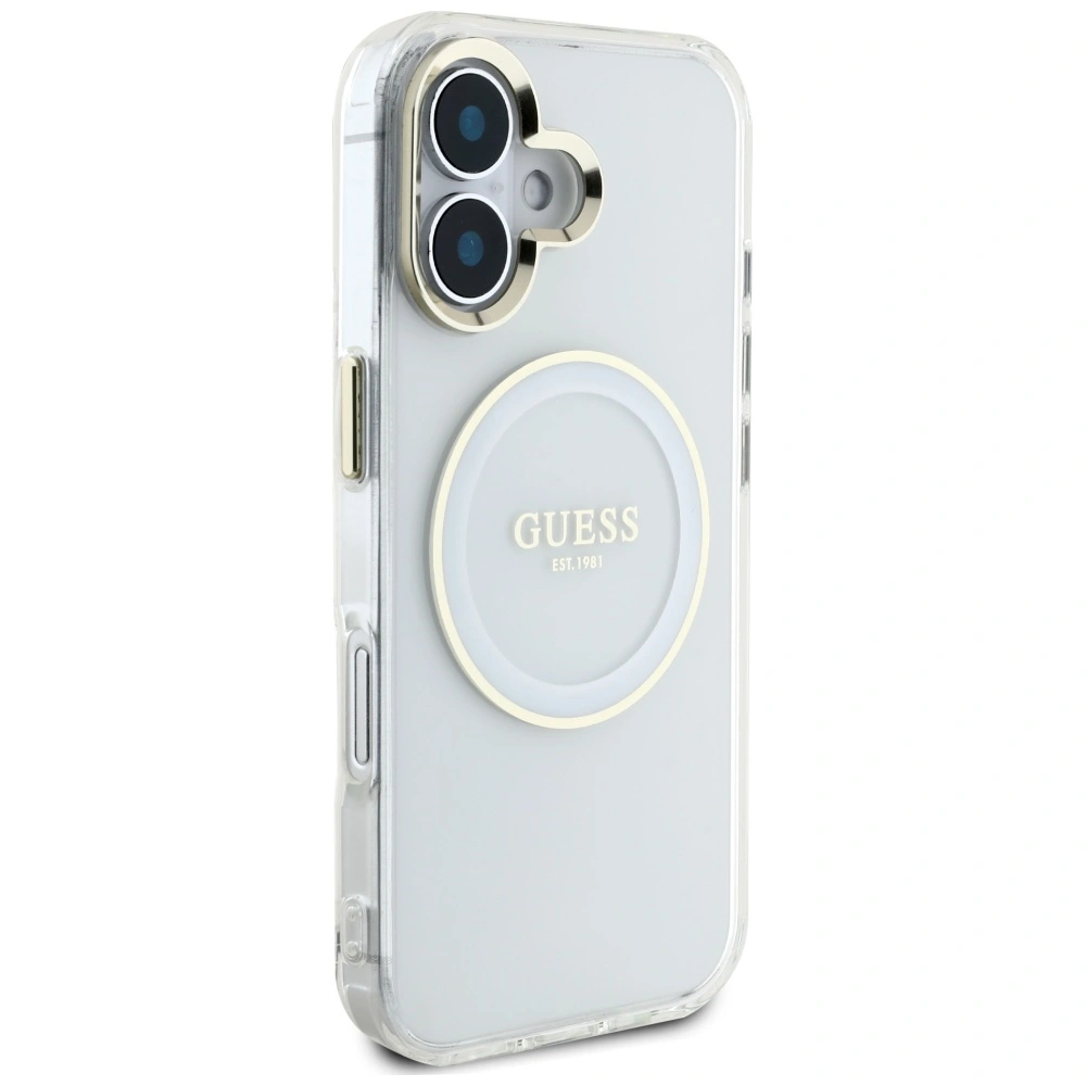 Etui Guess IML Metal Colored Circle Classic Logo MagSafe do Apple iPhone 16 biały