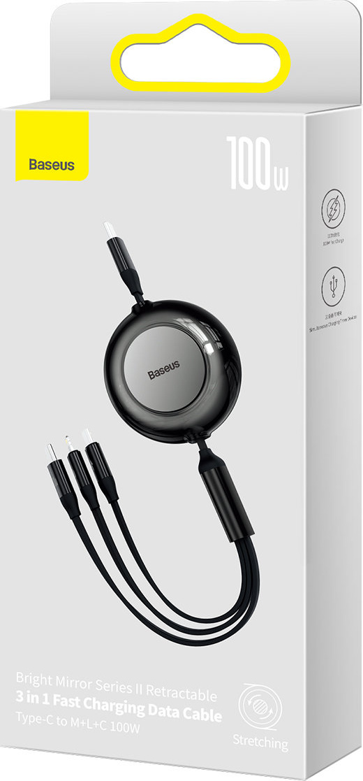 Baseus Bright Mirror 2 retractable cable 3in1 USB Type C - micro USB + Lightning + USB Type C 3.5A 1.1m black