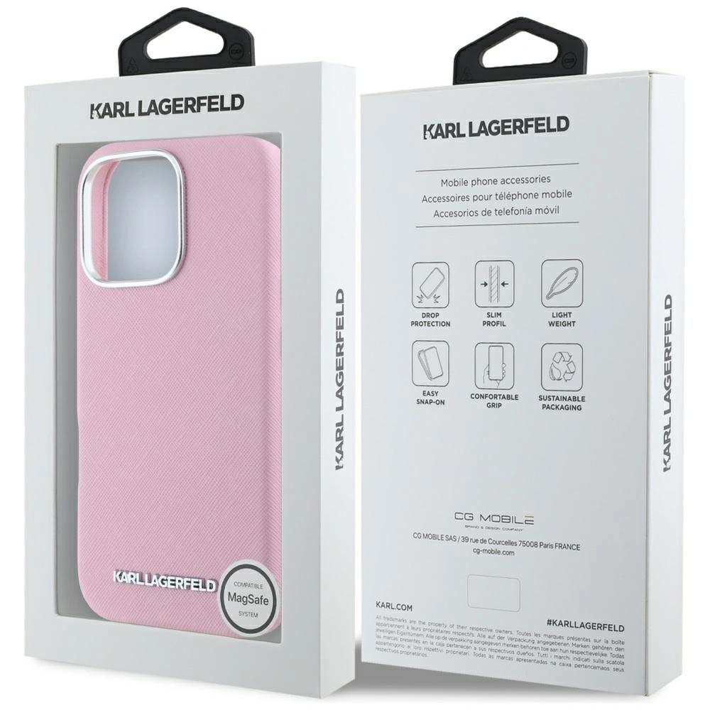 Karl Lagerfeld Saffiano Full Wrapped Elongated Metal Logo MagSafe Apple iPhone 16 Pro Max pink