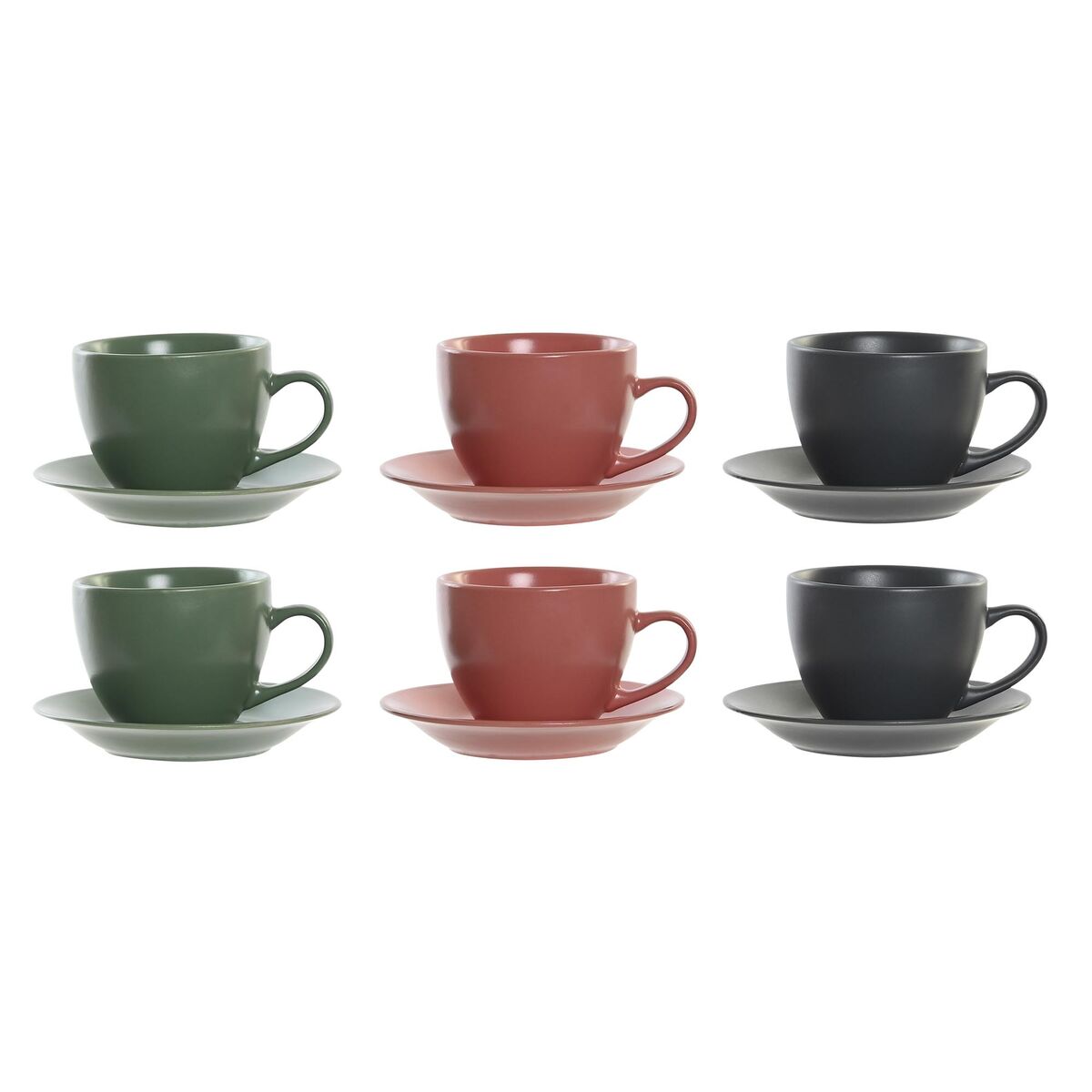 Set of 6 Cups with Plate DKD Home Decor Pink White Green Dark grey Stoneware 150 ml