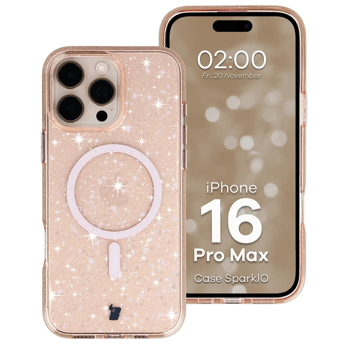Etui brokatowe z pierścieniem magnetycznym Bizon Case SparklO do Apple iPhone 16 Pro Max, przezroczysto-jasnopomarańczowe z brokatem