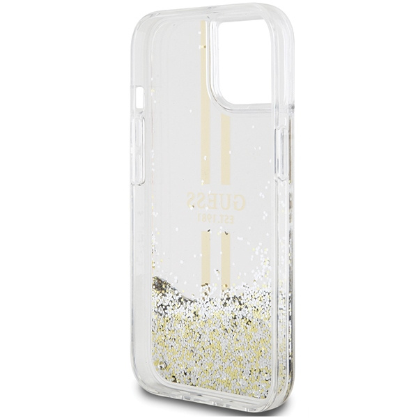Guess GUHCP15MLFCSEGT Apple iPhone 15 Plus / 14 Plus hardcase Liquid Glitter Gold Stripes transparent