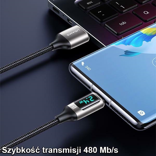 USAMS Nylon Cable U78 USB-C 1.2m LED 6A Fast Charging black SJ544USB01 (US-SJ544)