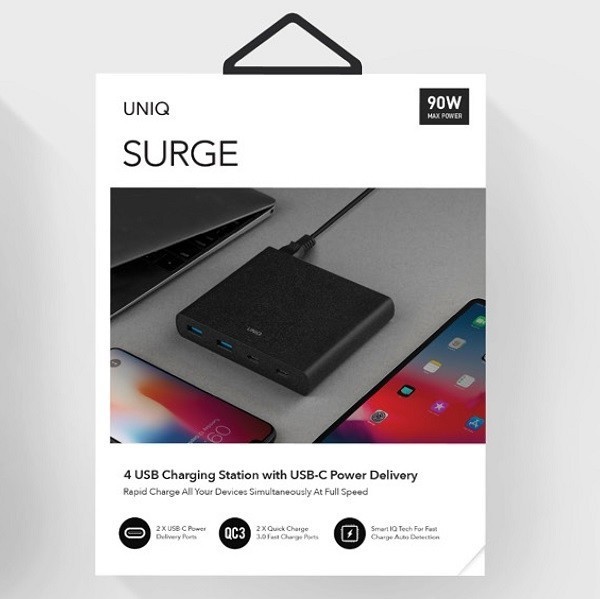 UNIQ Wall charger HUB Surge 90W charcoal black 2xUSB Quick Charge 3.0 + 2xUSB-C PD 3.0 (LITHOS Collective)